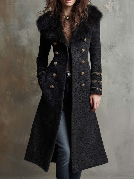 Black Printed Suede Long Coat With Faux Fur Collar & Gold Buttons