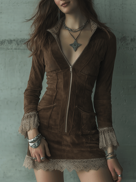 Retro Brown Suedewith Lace Trim And Zip Front Mini Dress