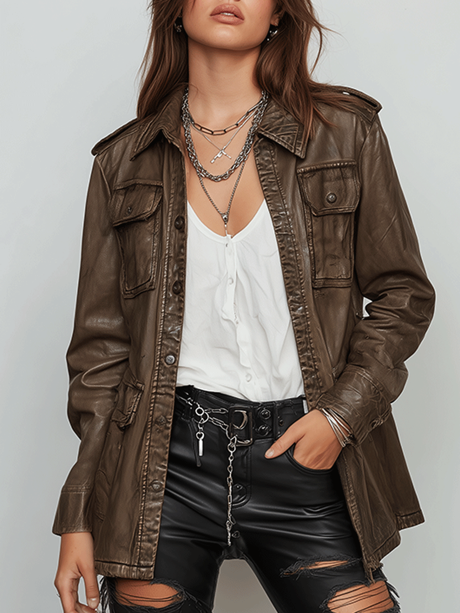 Stylish Olive Faux Leather Work Jacket
