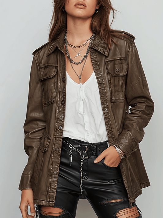 Stylish Olive Faux Leather Work Jacket