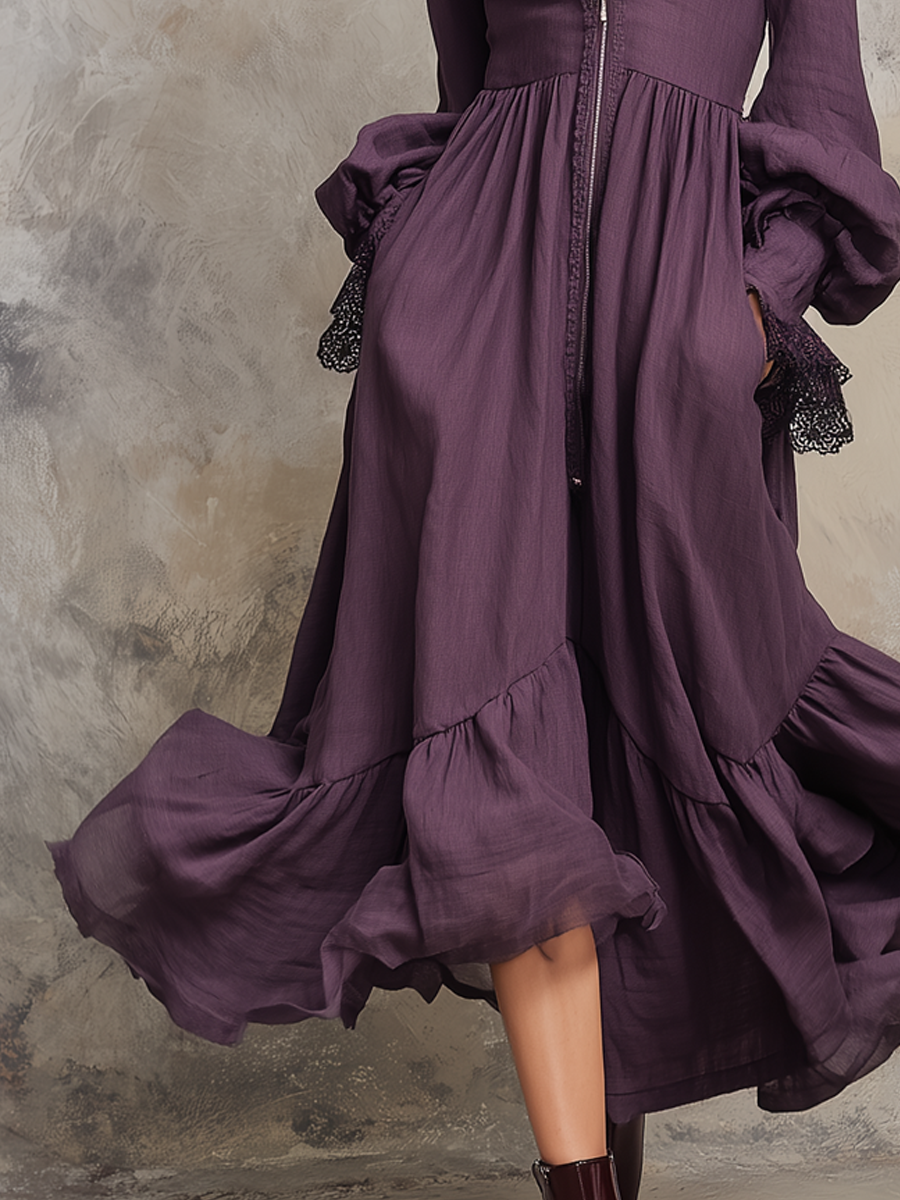 Retro Floral Embroidery Zipper Neck Midi Dress