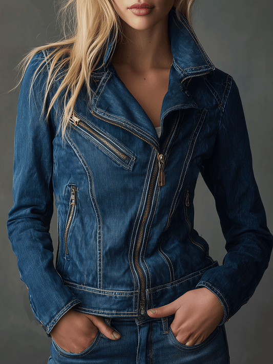 Vintage Utility Chic Asymmetric Zip Denim Moto Jacket