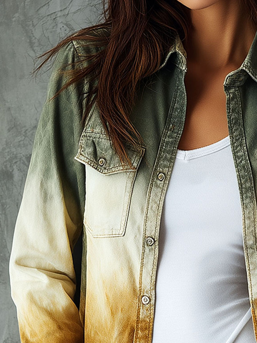 Retro Ombre Gradient Denim-Style Shirt Jacket