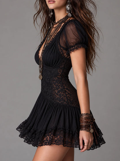 Dark Boho Lace And Chiffon Puff Sleeve Mini Dress