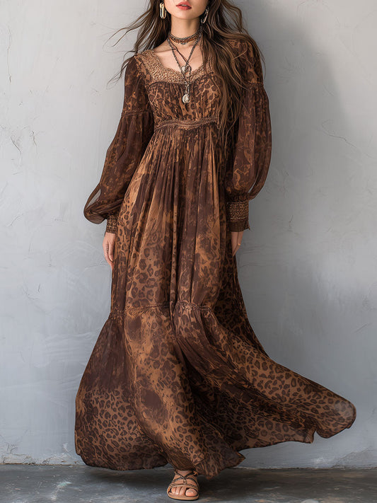 Retro Chiffon Leopard Print Lantern Sleeve Maxi Dress