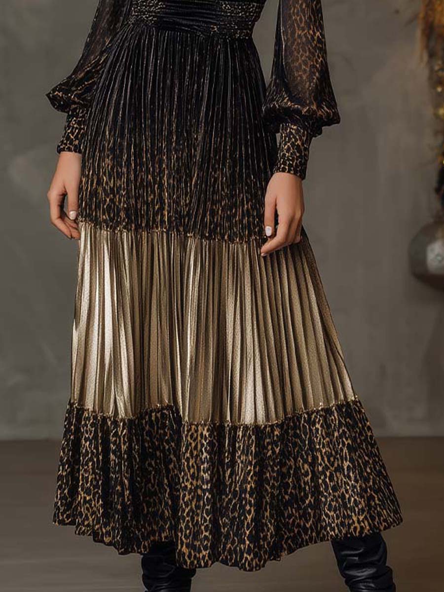 Velvet And Leopard Print Pleated Patchwork Midi Dress With Sheer Sleeves