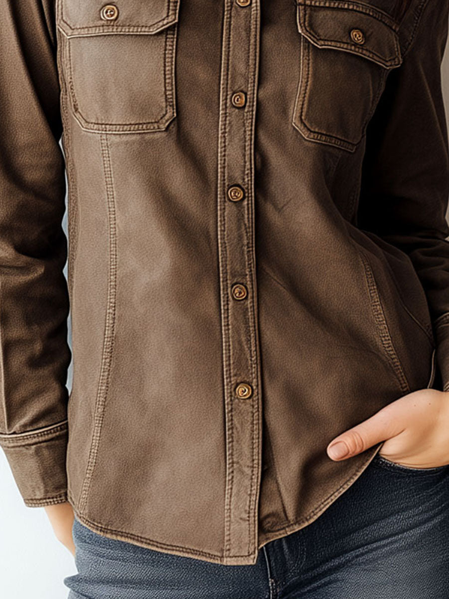 Retro Khaki Utility Shirt With Dual Pockets