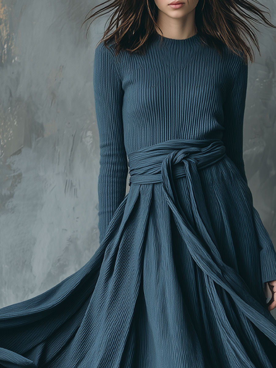 Retro Thread Round Neck Lace-up Midi Dress