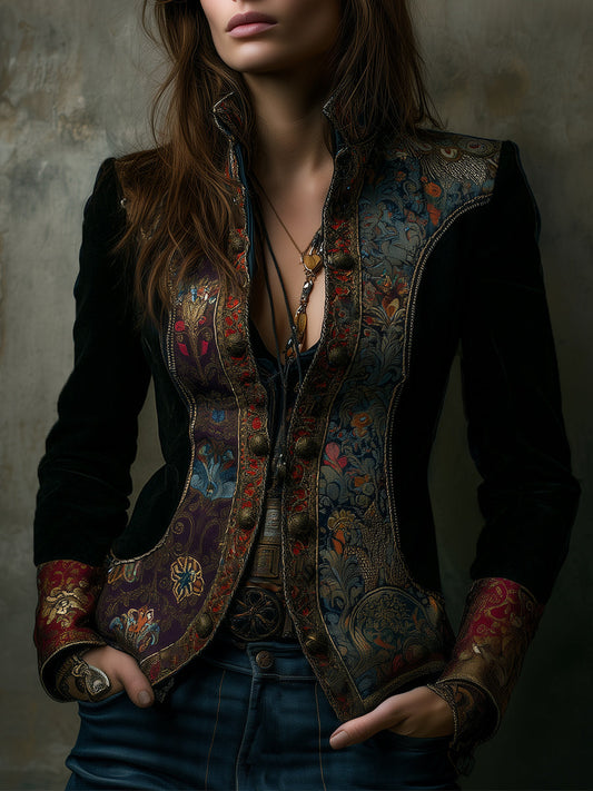 Quiet Luxury Velvet Stitching Stand Collar Slim Fit Blazer