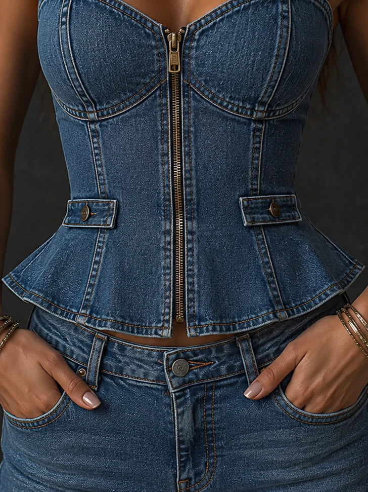Denim Corset Peplum Bustier Top