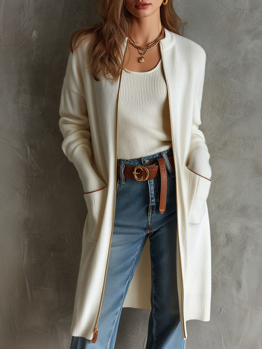 Cozy Front Zip Long Knit Sweater Coat With Pockets