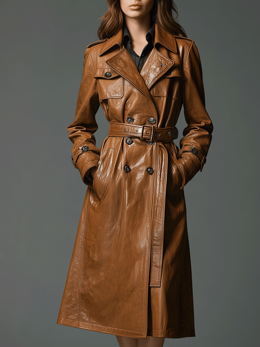 Classic Cognac-Colored Belted Faux Leather Trench Coat