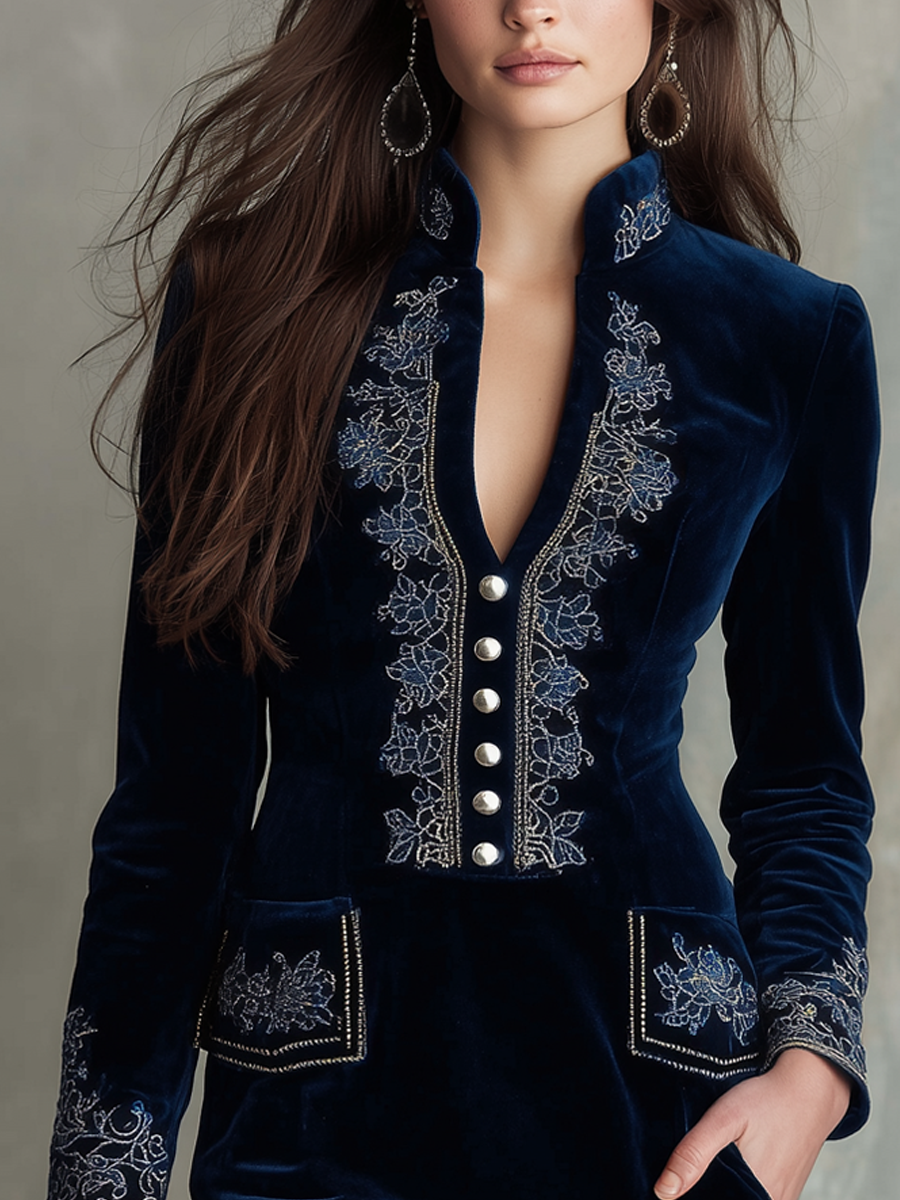 Vintage Embroidered Fitted Polyester Velvet Mini Dress