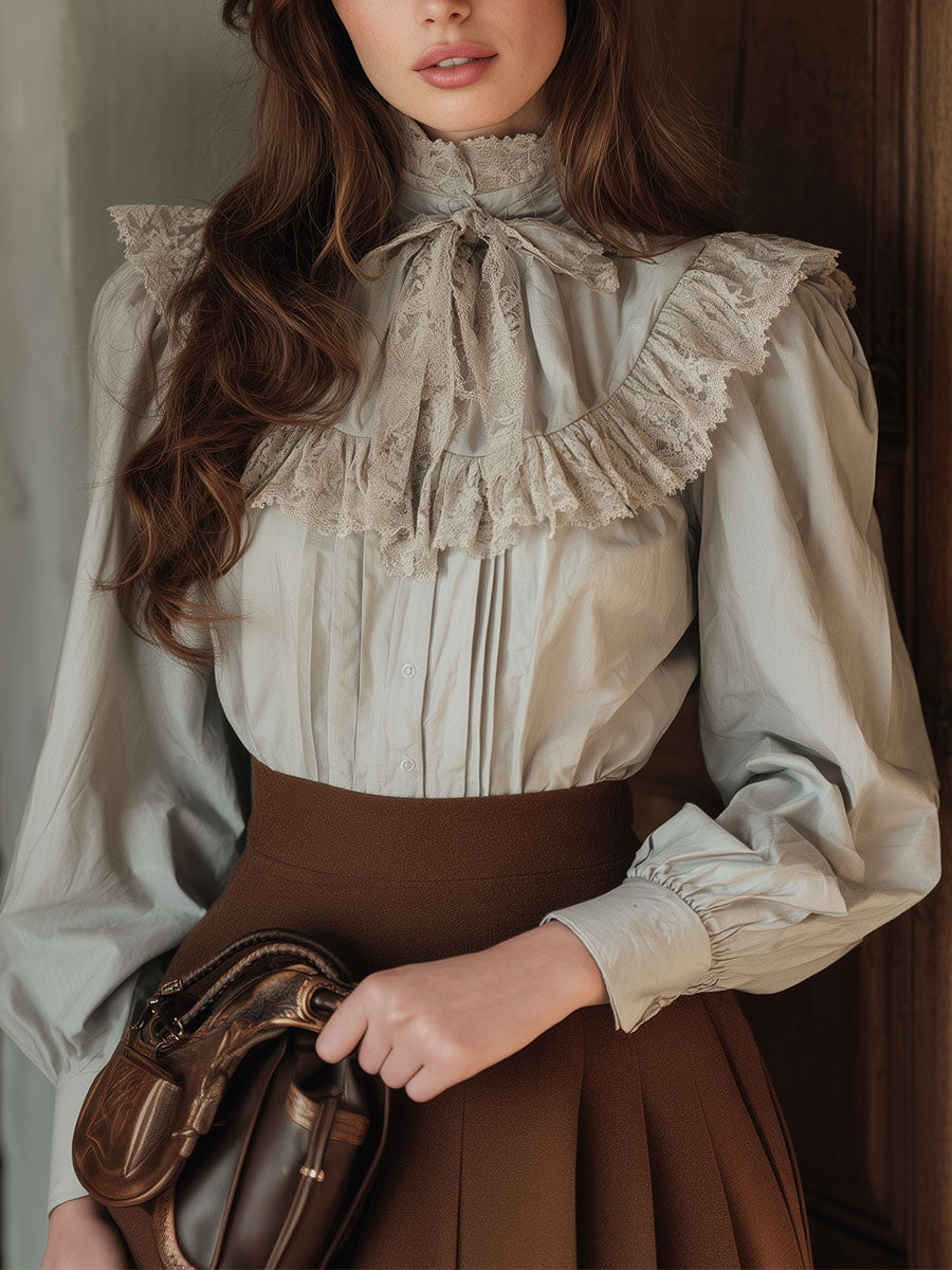 Elegant Puff Sleeve Lace Patchwork Cotton Blouse