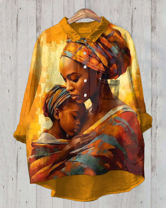 Black Mother Oil Painting Casual Cotton and Linen Shirt