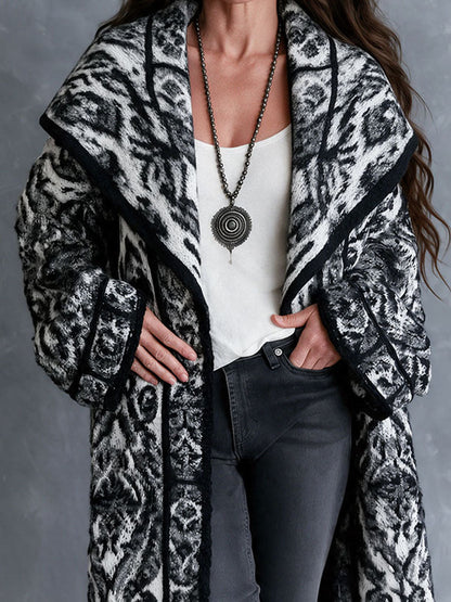Vintage Black White Nomadic Tribal Knit Maxi Coat With Wide Shawl Collar