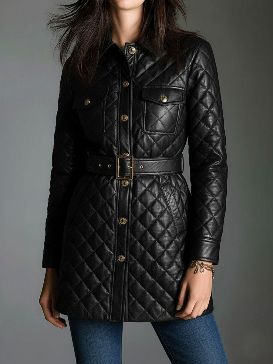 2-in-1 Diamond-quilted Padded Eco Leather Shirt Dress & Jacket