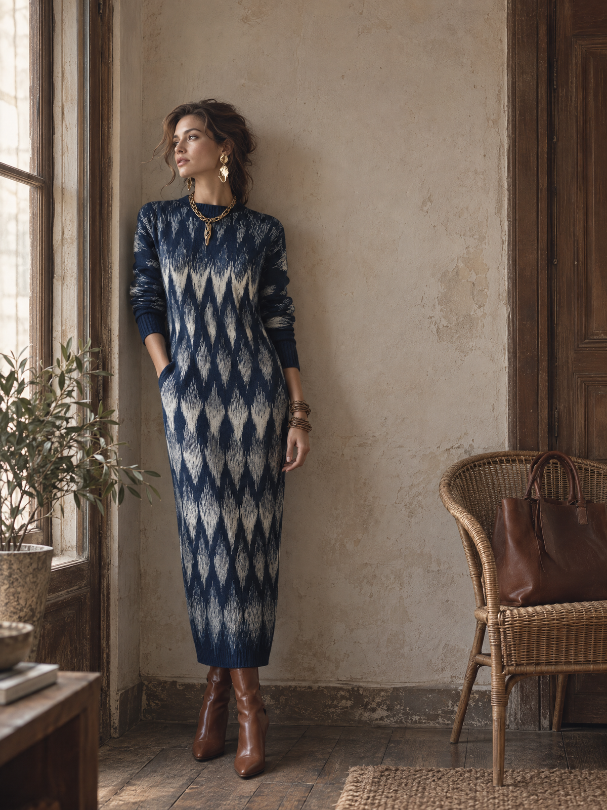 Artistic Navy Abstract Pattern Knit Maxi Dress