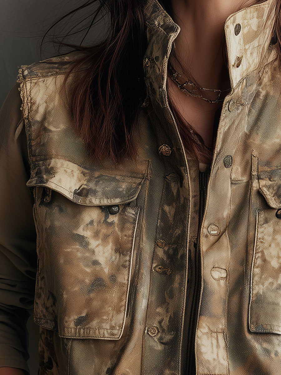 Retro Turtleneck Camouflage Work Pocket Vest