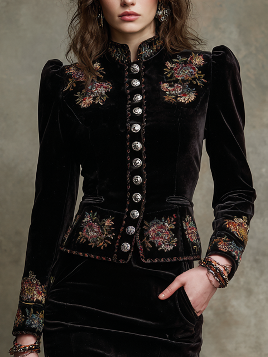 Vintage Embroidered Polyester Velvet Slim Jacket