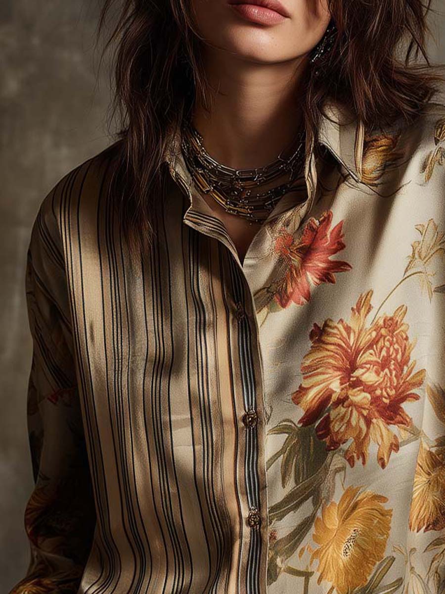 Vintage Boho Floral & Stripe Mixed-Print Blouse