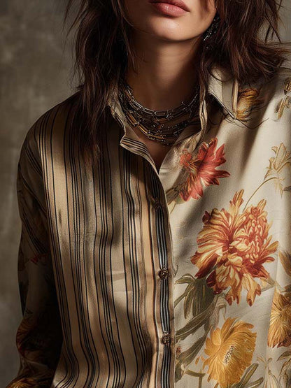 Vintage Boho Floral & Stripe Mixed-Print Blouse