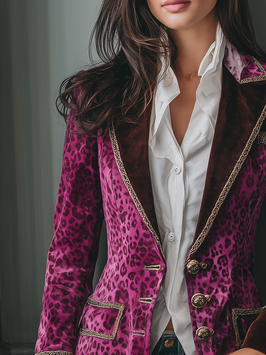 Retro Contrast Collar Metal Trim Leopard Print Velvet Blazer