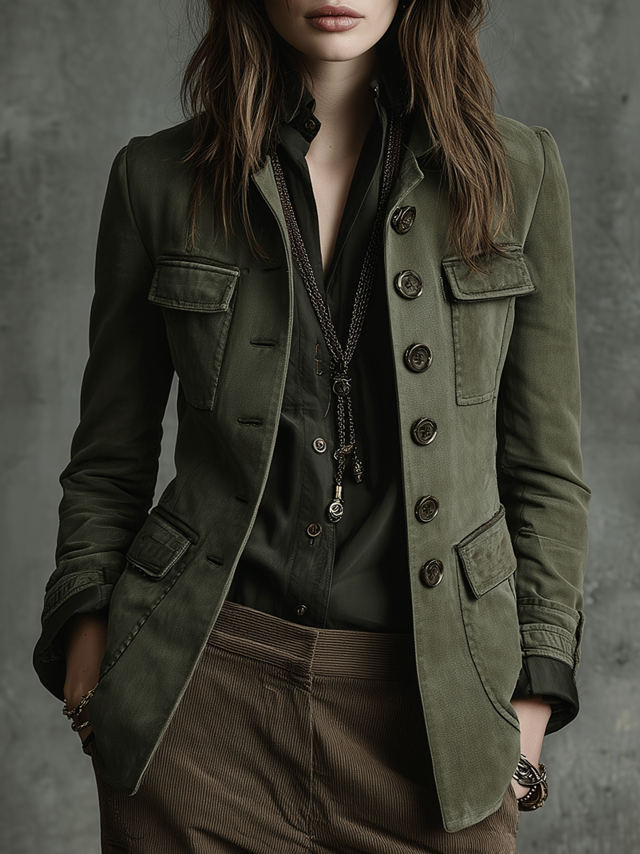 Structured Utility Olive Green Military-Inspired Tailored Jacket