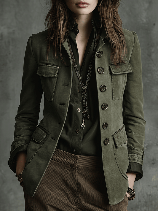 Structured Utility Olive Green Military-Inspired Tailored Jacket