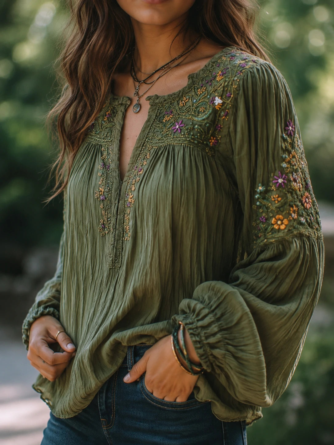 Bohe Floral Embroidered Cotton Olive Green Shirt