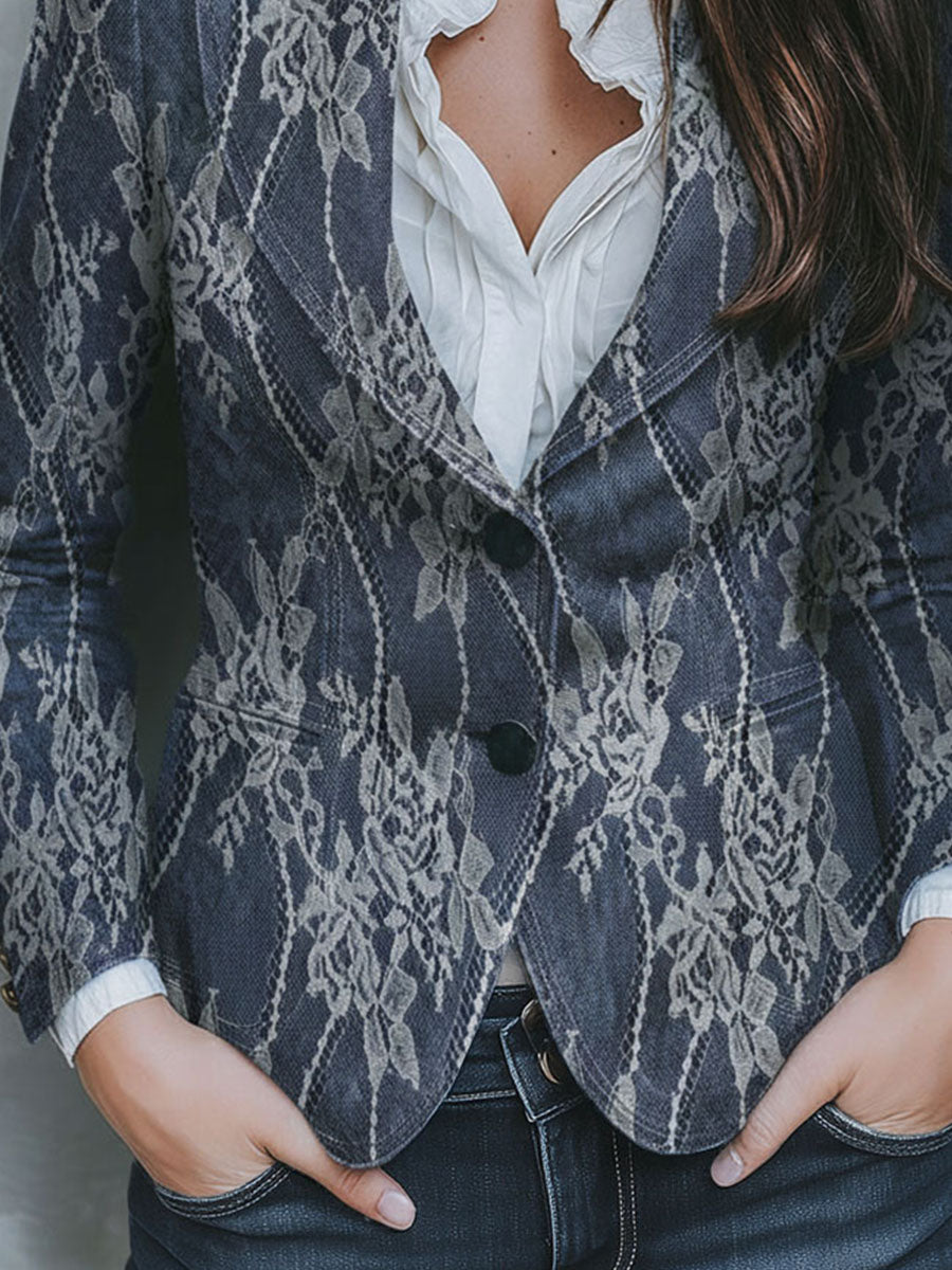 Vintage  Floral Lace Pattern Denim Brocade Tailored Blazer