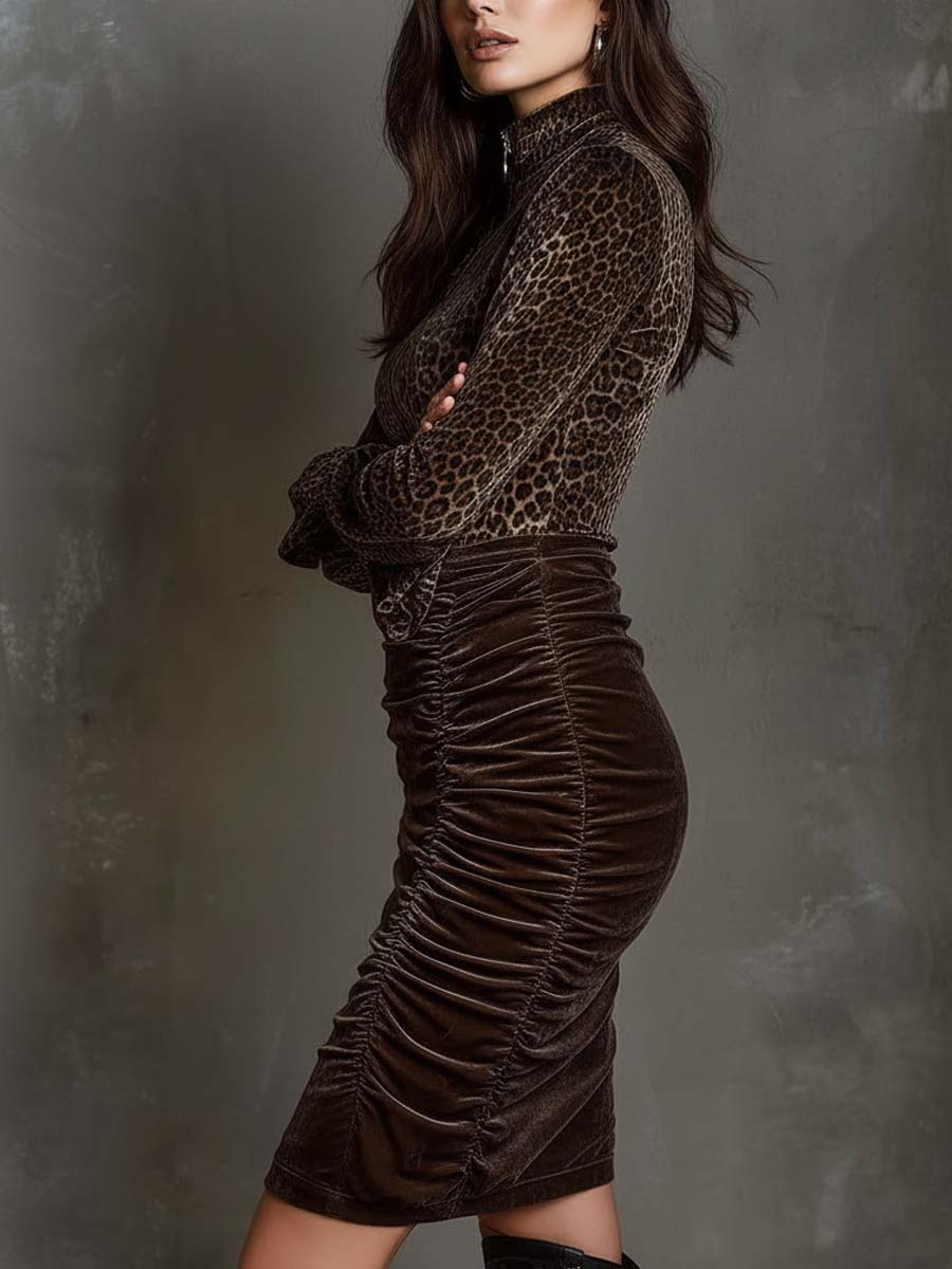 Leopard Print Velvet Ruched Bodycon Dress With Zipper Collar
