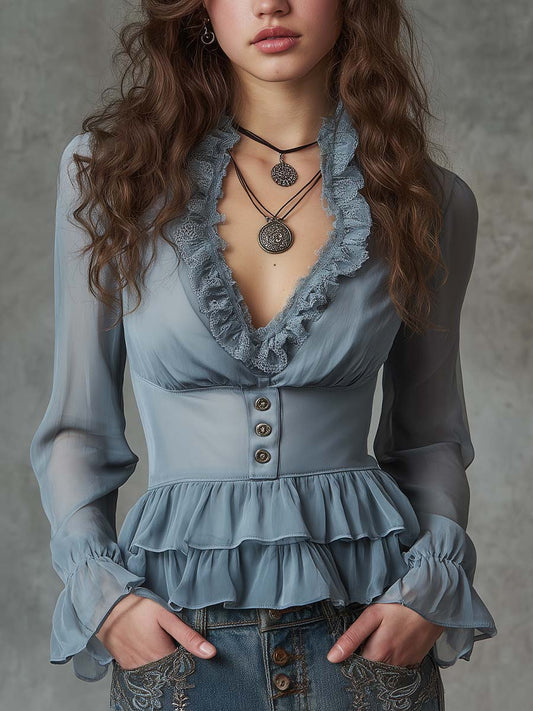Ruffled V-Neck Chiffon Peplum Blouse