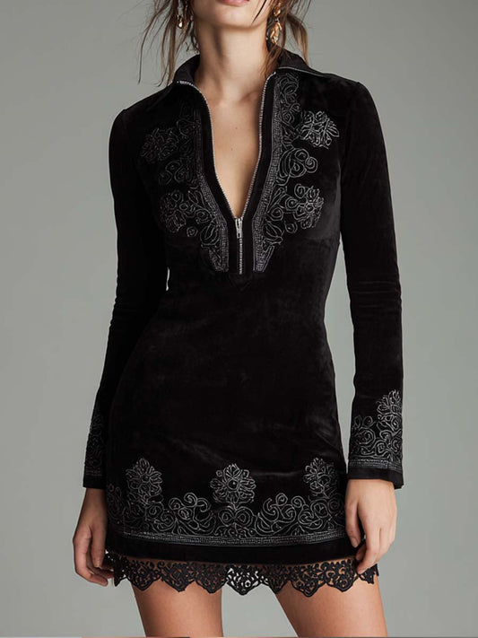 Retro Zipper Collar Ethnic Style Embroidered Polyester Velvet Mini Dress