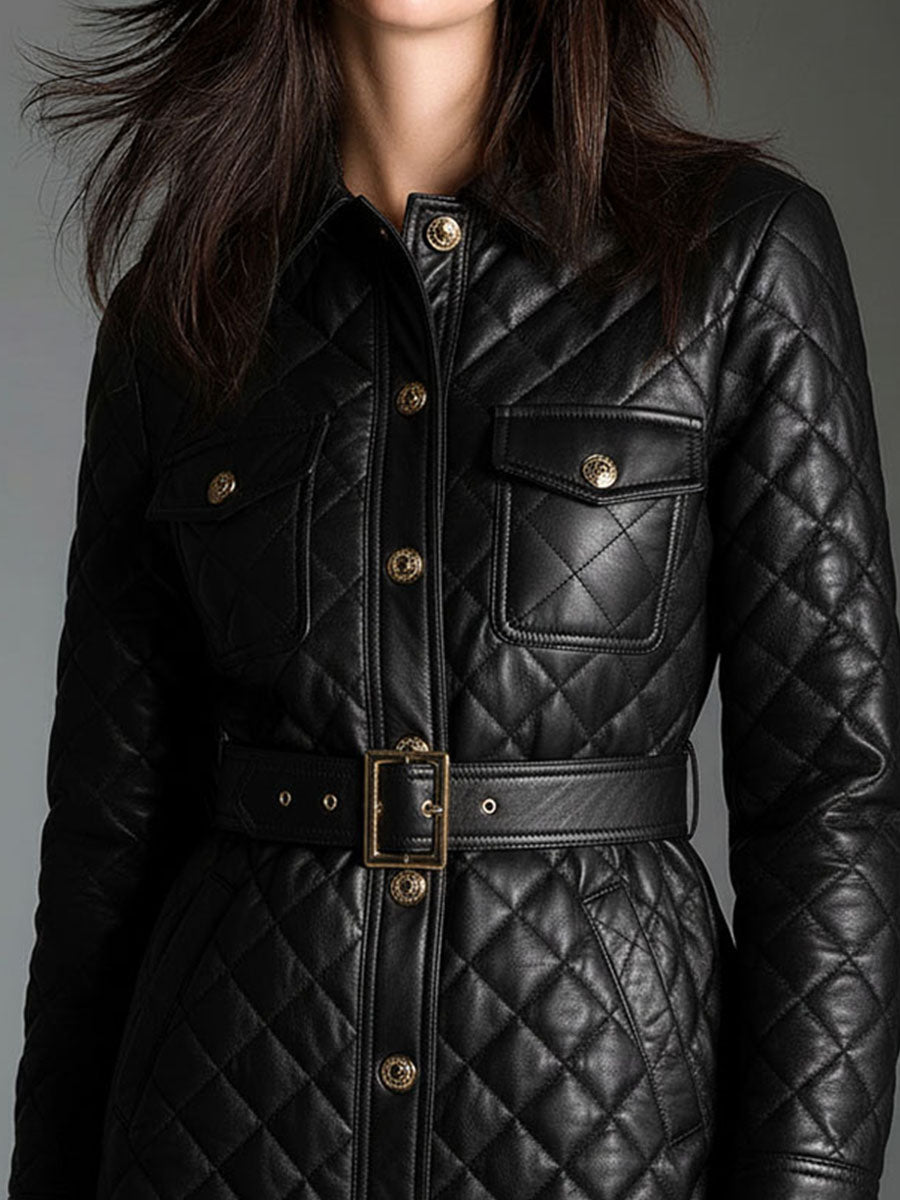2-in-1 Diamond-quilted Padded Eco Leather Shirt Dress & Jacket