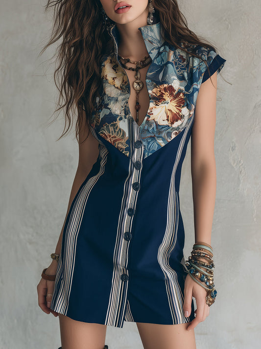 Retro Floral Print Striped Stand-collar Mini Dress