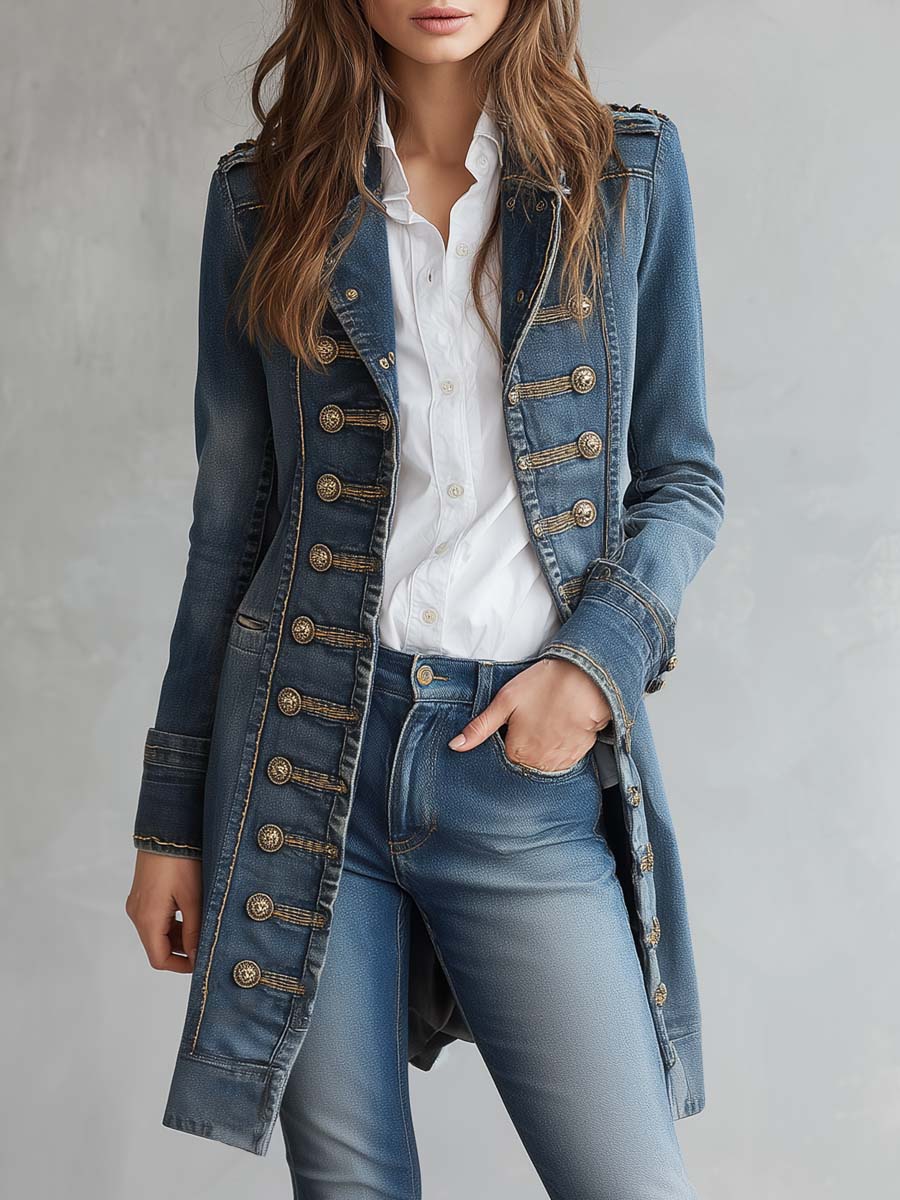 Retro Military Button-down Denim Jacket