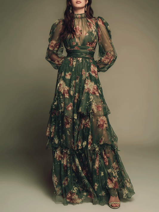 Vintage Floral Tiered Chiffon Maxi Dress