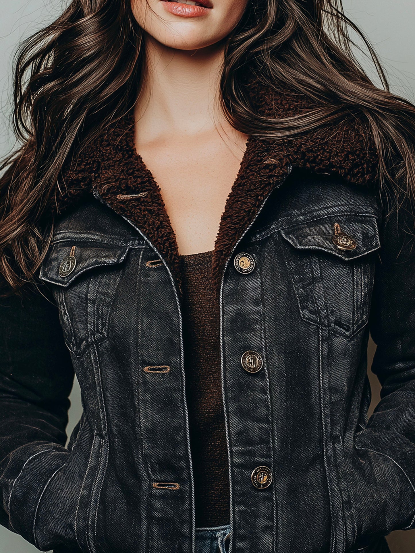 Vintage Fleece-Lined Button-Up Denim Jacket With Sherpa Collar