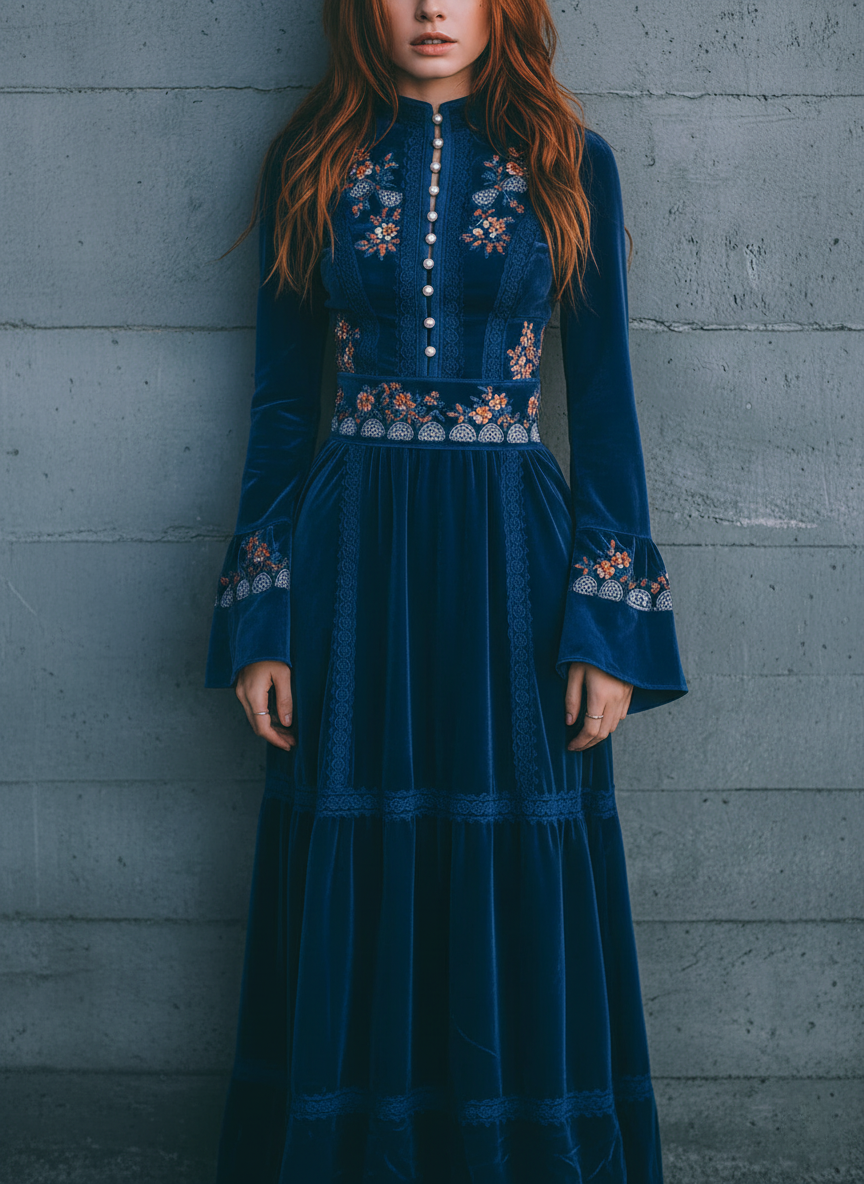 Retro Elegant Blue Velvet Embroidered Long Sleeve Maxi Dress