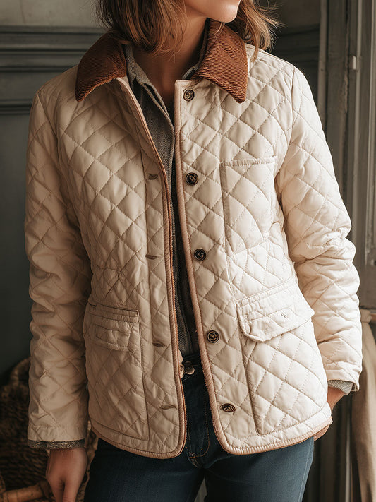 Classic Quilted Diamond Pattern Jacket With Corduroy Collar