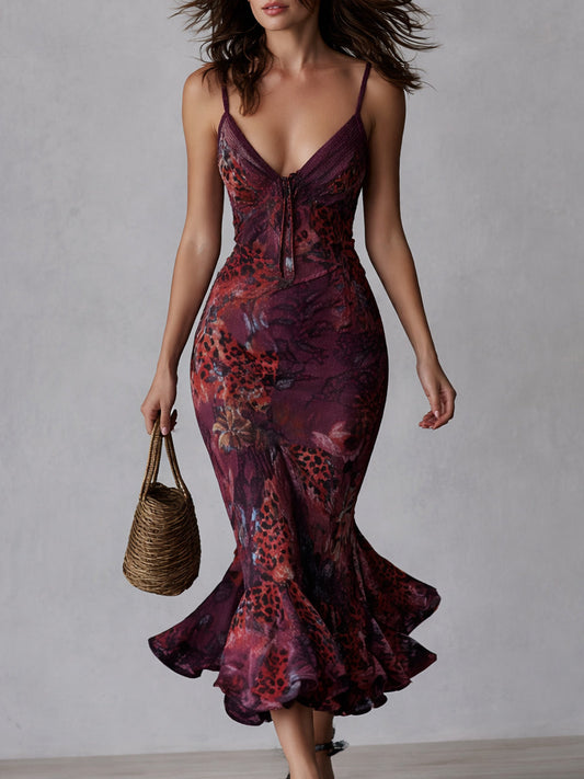 Elegant Leopard Print Fishtail Strappy Midi Dress