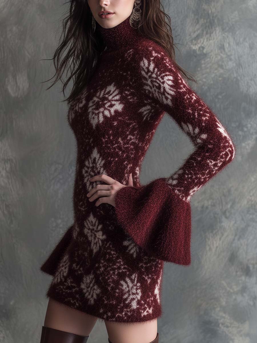 Burgundy Floral-Patterned Fuzzy Knit Sweater Dress