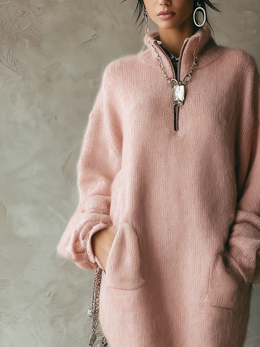 Vintage Mohair Zipper Collar Knitted Mini Dress