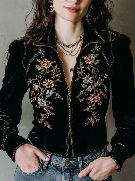 Vintage Corduroy Embroidered Cropped Jacket