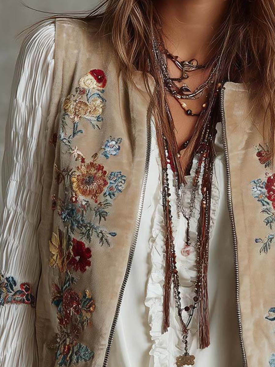 Floral Embroidered Velvet Vest – Beige Bohemian Luxe
