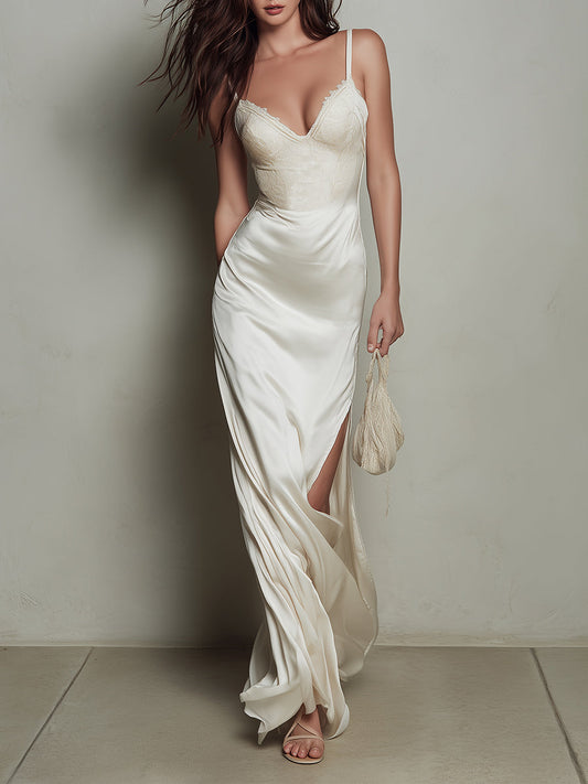 Elegant Satin Lace Paneled Suspender Hem Slit Maxi Dress