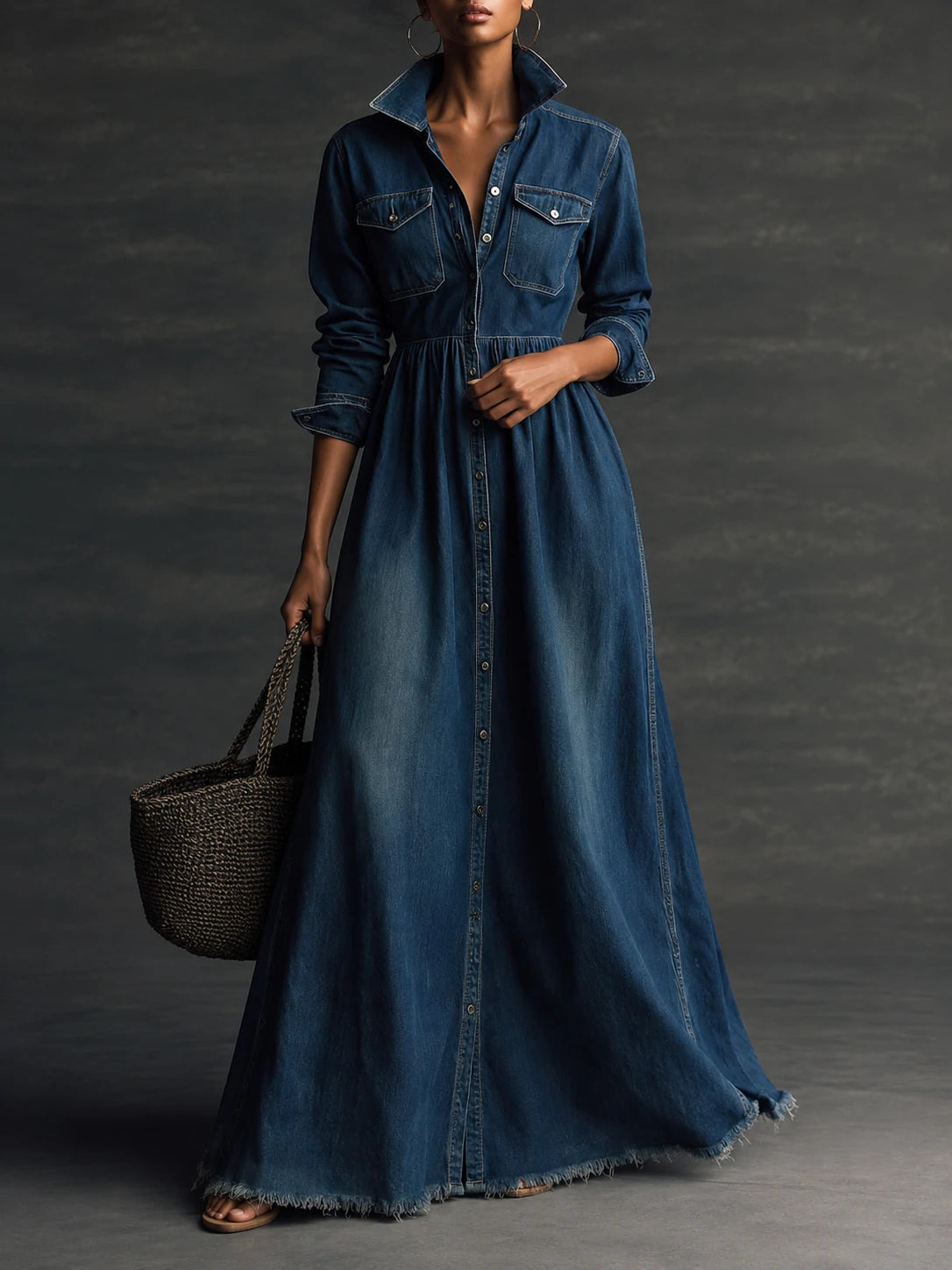Stylish Stand Collar Washed Raw Hem Maxi Dress