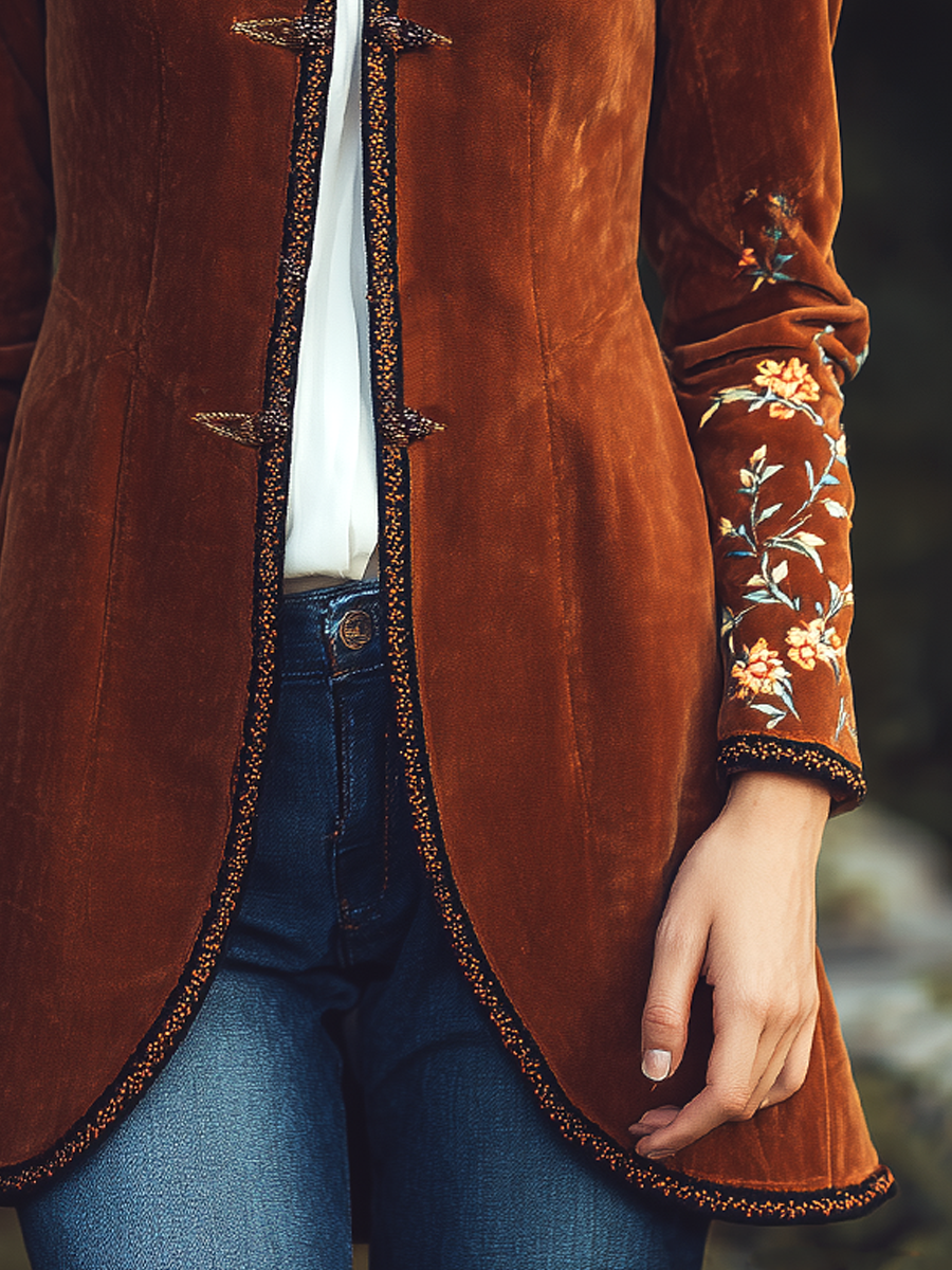 Vintage Contrast Trim Embroidered Velvet Mid-Length Jacket