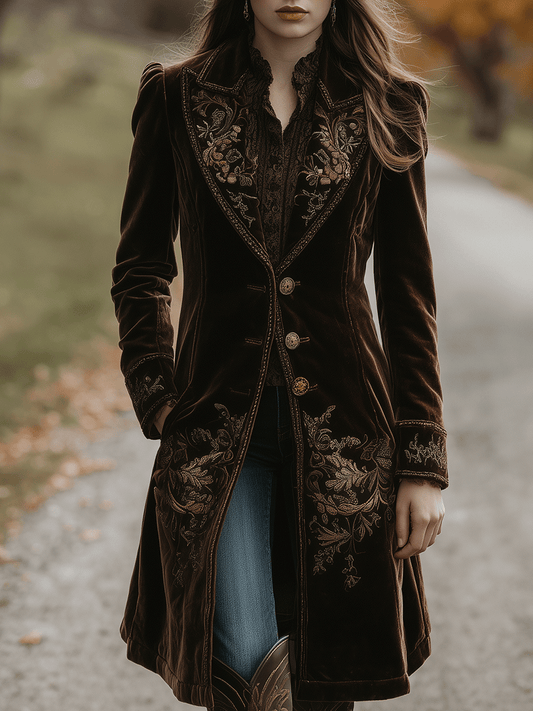 Vintage Brown Velvet Embroidered Long Coat